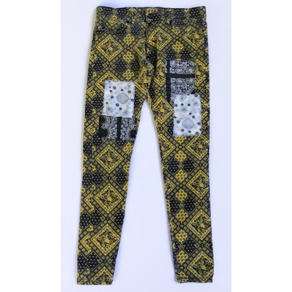 BLKWD Golden Patchwork Jeans Mens 32 Gold Yellow Blue Stretch Bandana USA Made